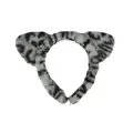 Detailed view of the soft leopard print plush headband with cute cat ears - Cat Ear High Top Style (2) / Grey and Black Leopard Print