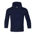 Detail view of navy blue men's hoodie featuring ribbed cuffs and white size tag S. - Navy Blue