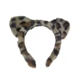 Detail view of a plush leopard print headband with cat ears for facial cleansing. - Cat Ear High Top Style (4) / Beige Leopard