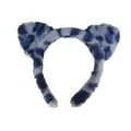 Detail view of a blue and white leopard print plush cat ear headband for makeup - Cat Ear High Top Style (3) / Blue and White Leopard Print