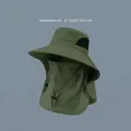 Army green outdoor sun hat with wide brim, face mask and neck flap protection - Adjustable / Army Green (WHHT565)