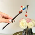 Vintage Chinese style wooden hair stick with blue phoenix and red tassel detail - Caifeng Dance Style (FZ24157)