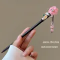 Chinese style tassel hair stick with pink flower and dark brown body - Clear Wind Style (FZ25110) / 18cm