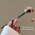 Elegant dark brown Chinese style hair stick with red rose and floral tassel charms - Flower Language Style (FZ25114) / 18cm