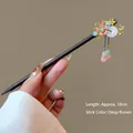 Elegant Chinese tassel hair stick with flowers and beads, 18cm dark brown wood finish - Tipsy Slumber (FZ25118) / 18cm