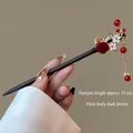 Elegant Chinese style hair stick with red rose tassel and dark brown wooden body - Wind-blown Petals (FZ25123) / 18cm