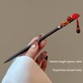 Vintage style hair stick with red rose and beaded tassel in dark brown, 18cm long - Drunken Recliner (FZ25124) / 18cm