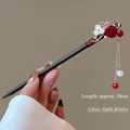 Elegant dark brown wooden hair stick with red rose, white flower and tassel, 18cm long - Yi Zai Nuan Style (FZ25153) / 18cm / Red