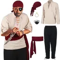 Vue détaillée du costume de pirate de la Renaissance montrant tous les accessoires - S / Ensemble / Blanc Crème et Noir