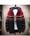 Close-up of men's thick fleece hooded knitted cardigan with ethnic geometric patterns - M / Tops / Burgundy
