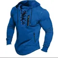Mens blue lace-up hoodie featuring chest zipper pocket and street style design - Sapphire Blue