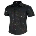 Vintage men's 70s disco costume shirt featuring colorful galaxy print and short sleeves - S / Tops / Black Top