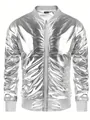 Detailed front view of men's metallic silver bomber jacket for 70s disco parties. - S / Tops / White