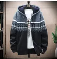 Detail view of men's fleece-lined hooded knit jacket with ethnic geometric patterns. - M / Tops / Blue Gray