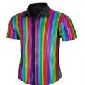 Mens 70s disco style retro short sleeve shirt featuring vibrant rainbow checkered pattern - S / Tops / Rainbow Plaid Top