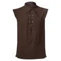 Vue de face d'une chemise médiévale viking sans manches avec col à lacets marron - S / Hauts / Café