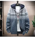 Front view of men's hooded knit jacket with geometric patterns and zipper detail - M / Tops / Light Gray