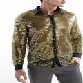 Men's shiny golden sequin long-sleeve shirt for 70s disco performance parties - M / Tops / Gold