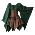 Detail view of medieval dress featuring green bell sleeves and a brown lace-up waist corset - S / Dresses / Green + Coffee