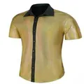 Men's 70s retro disco short sleeve shirt with shiny gold metallic finish and black collar - S / Tops / Yellow Top