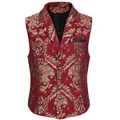 Detail view of men's red jacquard suit vest featuring gold damask floral patterns and buttons - S / Tops / Red Jacquard