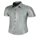Shiny 70s disco style men's short sleeve retro printed shirt in silver metallic - S / Tops / Silver Top