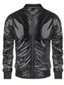 Close-up detail of a men's black shiny metallic bomber jacket for disco party events - S / Tops / Black