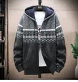 Men's casual hooded knitted cardigan jacket with fleece lining and geometric pattern - M / Tops / Dark Gray