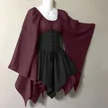 Detailed view of medieval Renaissance dress with laced bodice and flared sleeves - Wine Red And Black