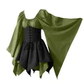 Close-up detail of green and black Renaissance medieval dress with wide flared sleeves - Grass Green + Black
