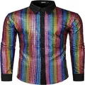 Men's fashion shiny metallic rainbow grid long sleeve button-up shirt with black collar - M / Dark Striped Black Sleeve