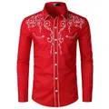 Detailed view of white floral embroidery on red Western cowboy style men's shirt - S / Tops / Red