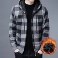 Men's winter hooded checkered fleece-lined zip-up cardigan sweater with warm interior detail - M / Tops / Gray