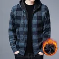Premium men's winter hooded plaid knit cardigan with ultra-warm thick fleece lining - M / Tops / Blue