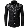 Detailed view of a black Western cowboy shirt featuring elegant white floral embroidery. - S / Tops / Black