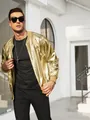 Detail view of a men's shiny gold metallic bomber jacket perfect for 70s disco parties - S / Tops / Gold