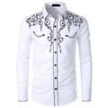 Front view of white long-sleeved shirt with black Western style embroidery details - S / Tops / White
