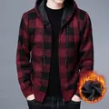 Men's winter hooded fleece-lined checkered knit cardigan sweater in red and black pattern - M / Tops / Burgundy