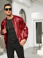 Close-up of a men's shiny metallic red bomber jacket with a 70s disco party aesthetic. - S / Tops / Red