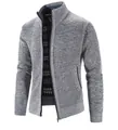 Detailed view of grey men's knitted cardigan with thick fleece plaid lining - M / Tops / Light Gray
