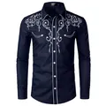 Men's navy blue long sleeve Western cowboy shirt with elegant white floral embroidery - S / Tops / Navy Blue