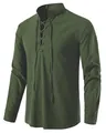 Detailed view of the lace-up Henley neckline on this green cotton linen shirt. - Army Green