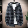 Men's stylish plaid hooded knit cardigan jacket in blue gray with warm fleece lining - M / Tops / Blue Gray