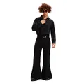 Complete retro men's disco hippie costume set featuring a shiny shirt and flare pants. - M / Set (A45B Men)