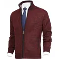 Detailed view of a burgundy men's zip-up knit cardigan sweater with a stand collar - M / Tops / Red