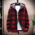 Stylish men's hooded cardigan sweater featuring a classic wine red and black plaid - M / Tops / Burgundy