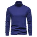 Men's slim fit long sleeve turtleneck sweater in dark blue solid knit base layer - L / Tops / Blue