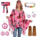 Complete pink hippie costume set with tie-dye poncho and accessories - One Size / Set / Pink