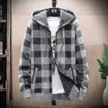 Casual men's classic plaid hooded knit cardigan sweater jacket in light grey finish - M / Tops / Light Gray