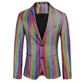 Detailopname van een glanzende regenboog pailletten blazer voor podium en feesten. - XS / Tops / Kleurrijk